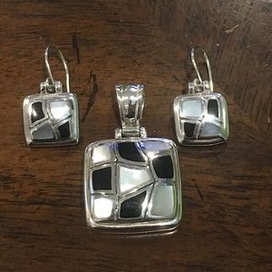 Checkerboard Mosaic Inlay Sterling Onyx Mother of Pearl Drop Earrings & Pendant